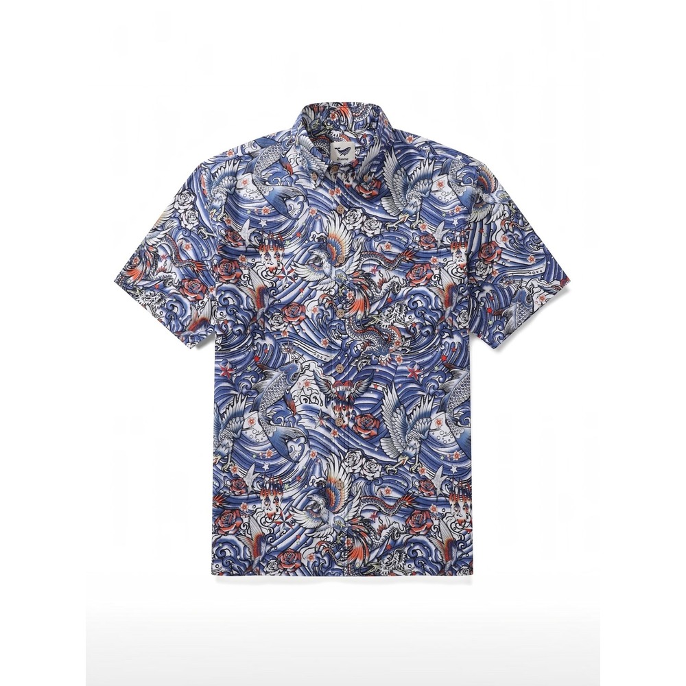 YIUME Zen Waves Tattoo Harmony Button Down Short Sleeve Shirt